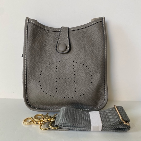 Mini TPM Dark Gray Steel Perforated H Leather Snap Button Crossbody Bag S4/B12 - Picture 7 of 12